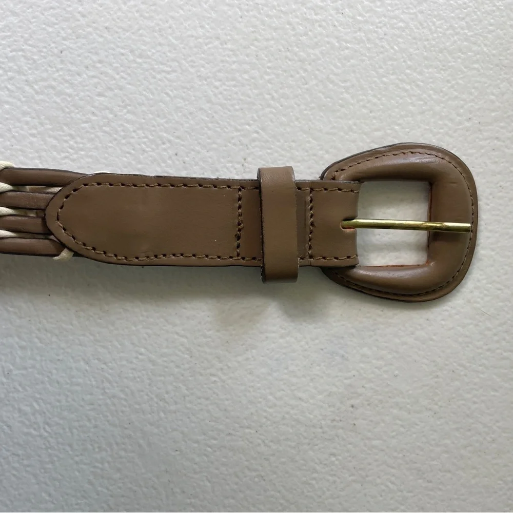 VTG Jaeger Woven Leather Belt Buckle Taupe Unisex Size 34” 90s Style Preppy Boho